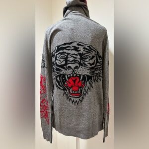Ed Hardy, NWT,Authentic Zip Up Gray Sweater HoodieBlack yarn stitch arms & Body